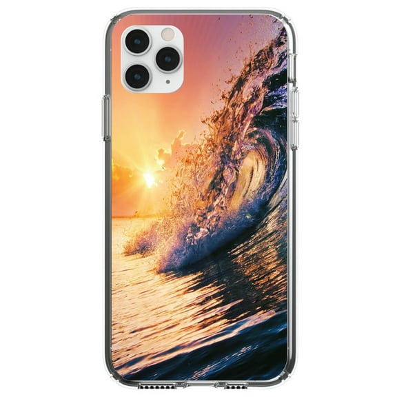 DistinctInk Clear Shockproof Hybrid Case for iPhone 11 (6.1" Screen) - TPU Bumper, Acrylic Back, Tempered Glass Screen Protector - Ocean Wave Sunset