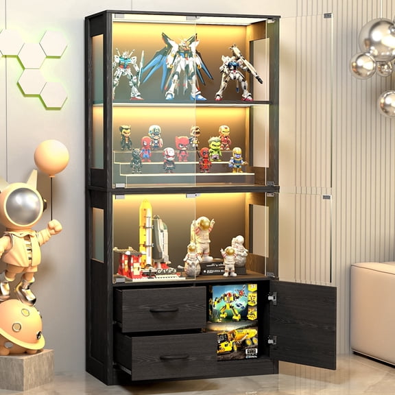 Display Cabinet with Glass Doors, 4-Tier Curio Cabinet with 3 Color Lights for Collectibles, Glass Display Case with 3 Shelves & 2 Drawers, Human Body Sensor, Bookcase, Storage Cabinets, Black