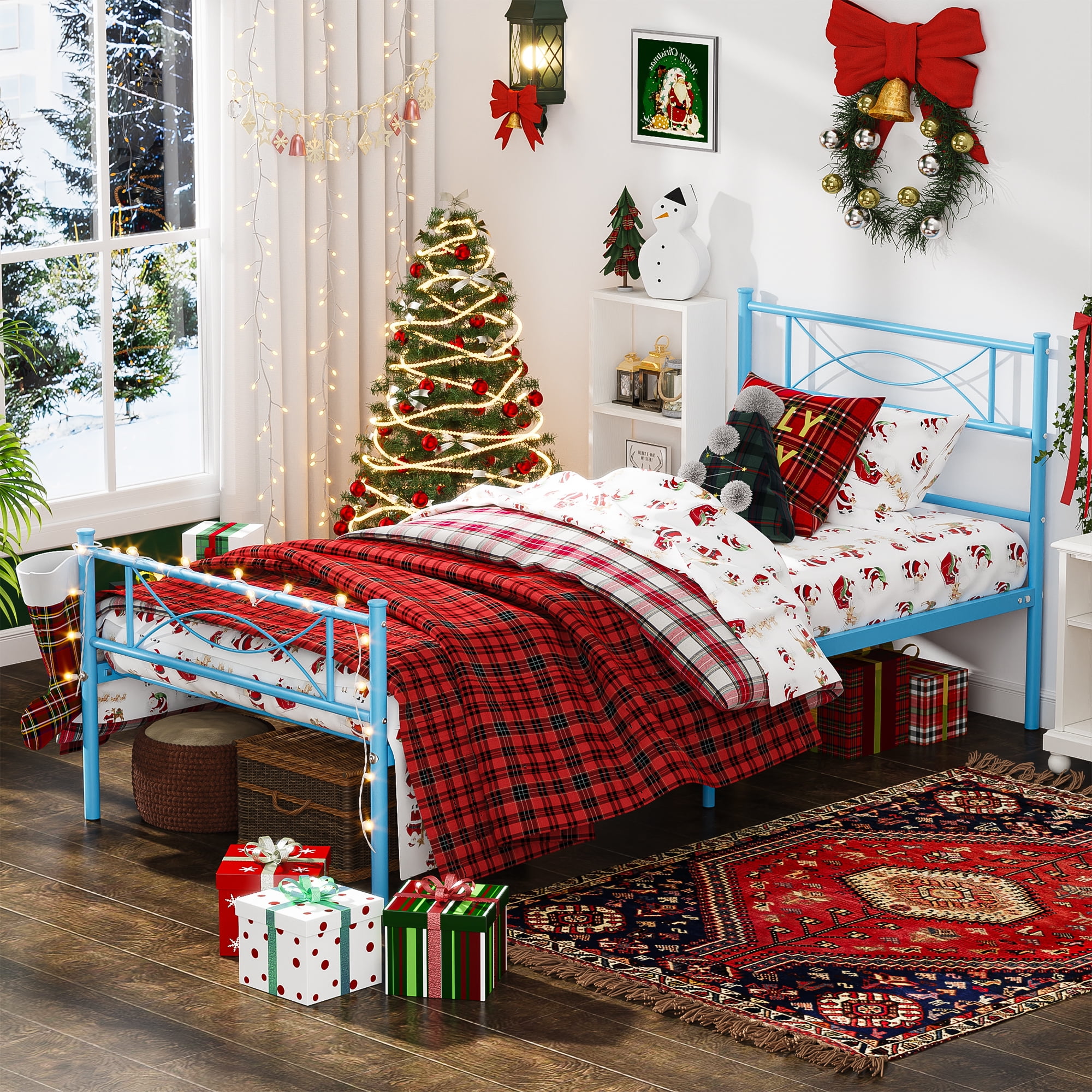 Yoneston Kids Twin Size Metal Platform Bed Frame Single Bed with Bowknot Headboards for Boys Bedroom Furniture – Light Blue