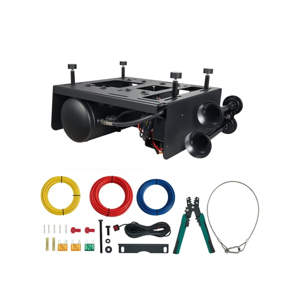 KFFKFF 4-Trumpet Air Horn Kit with 150PSI 2.64 Gal Compressor Tank, 150dB Loud Train Horn, Durable Design, Pressure Gauge, Leak-Resistant, Compatible with 12V Trucks, SUVs, and Off-Road Vehicles