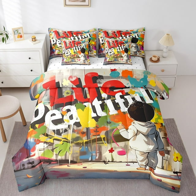 YST Ensemble de Douillette Graffiti Aquarelle Monde Coloré, 7 Pcs Lit en Sac, Format Simple