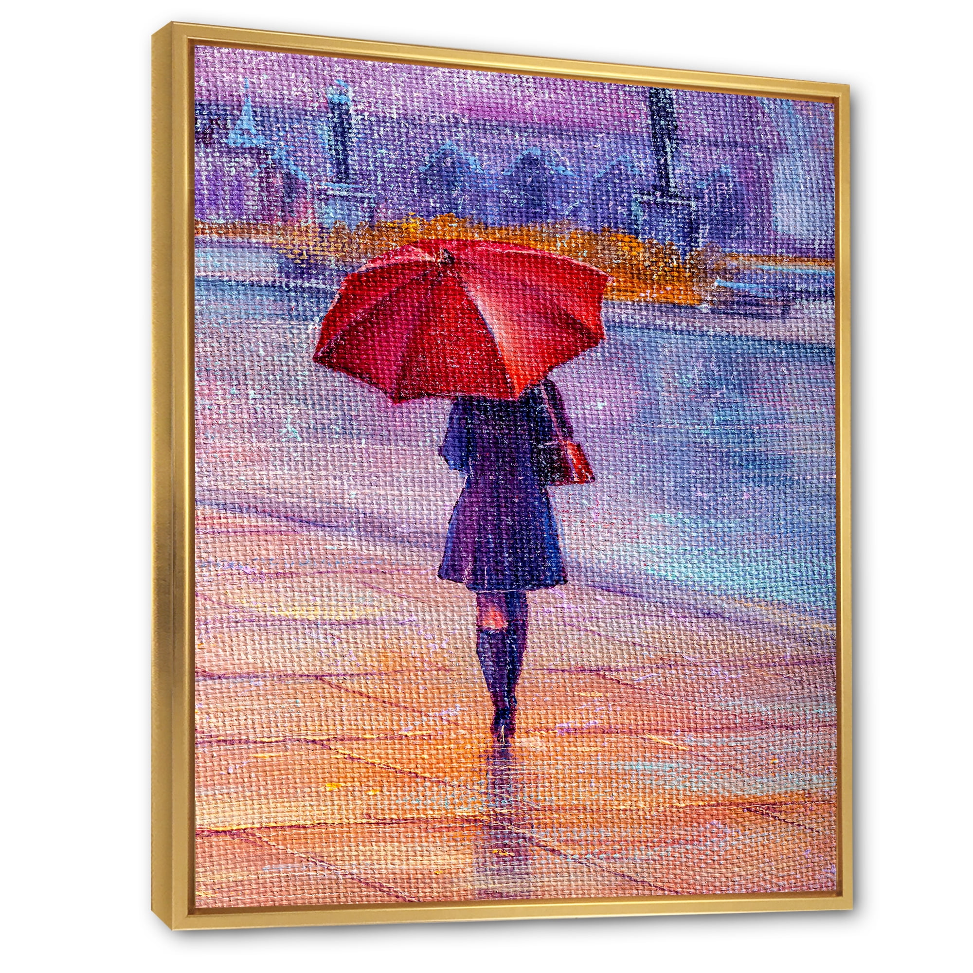 Designart 'Girl Walking With Red Umbrella Under The Rain' French Country Framed Canvas Wall Art Print