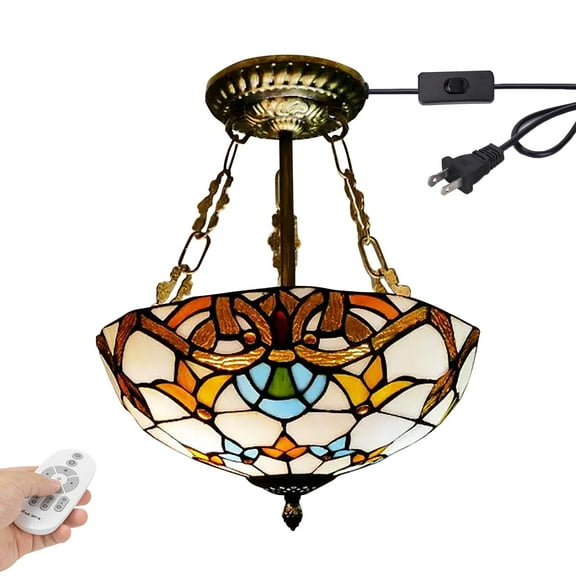 Kiven 11.8in Plug-in Flush Mount Ceiling Light Fixture, 2-Light Anti Glare Close to Ceiling Light with 15FT Cord, Tiffany-Style Glass Chandelier Dimmable for Bedroom Kitchen Hallway(No.3216)