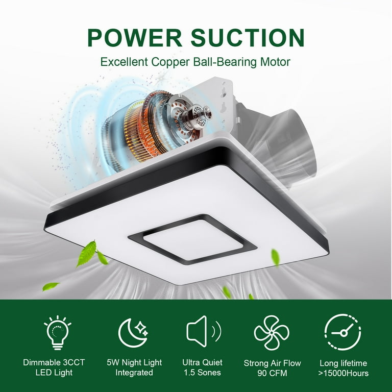 Akicon Bathroom Exhaust Fan with Shower Light 90 CFM 1.5 Sones Bathroom Fan Light Combo 18W Dimmable 3CCT LED Light with 5W Night Light Ventilation