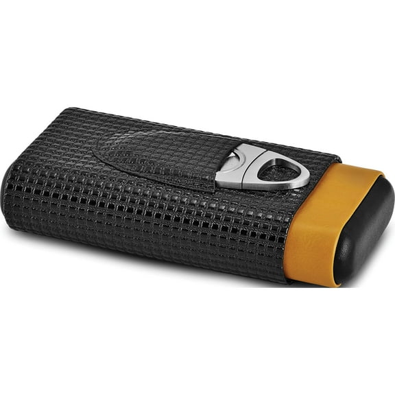 Fashion Black/Tan Polyurethane 3-Cigar Travel Case With Cutter (7 X 3.5) Made In China hu616