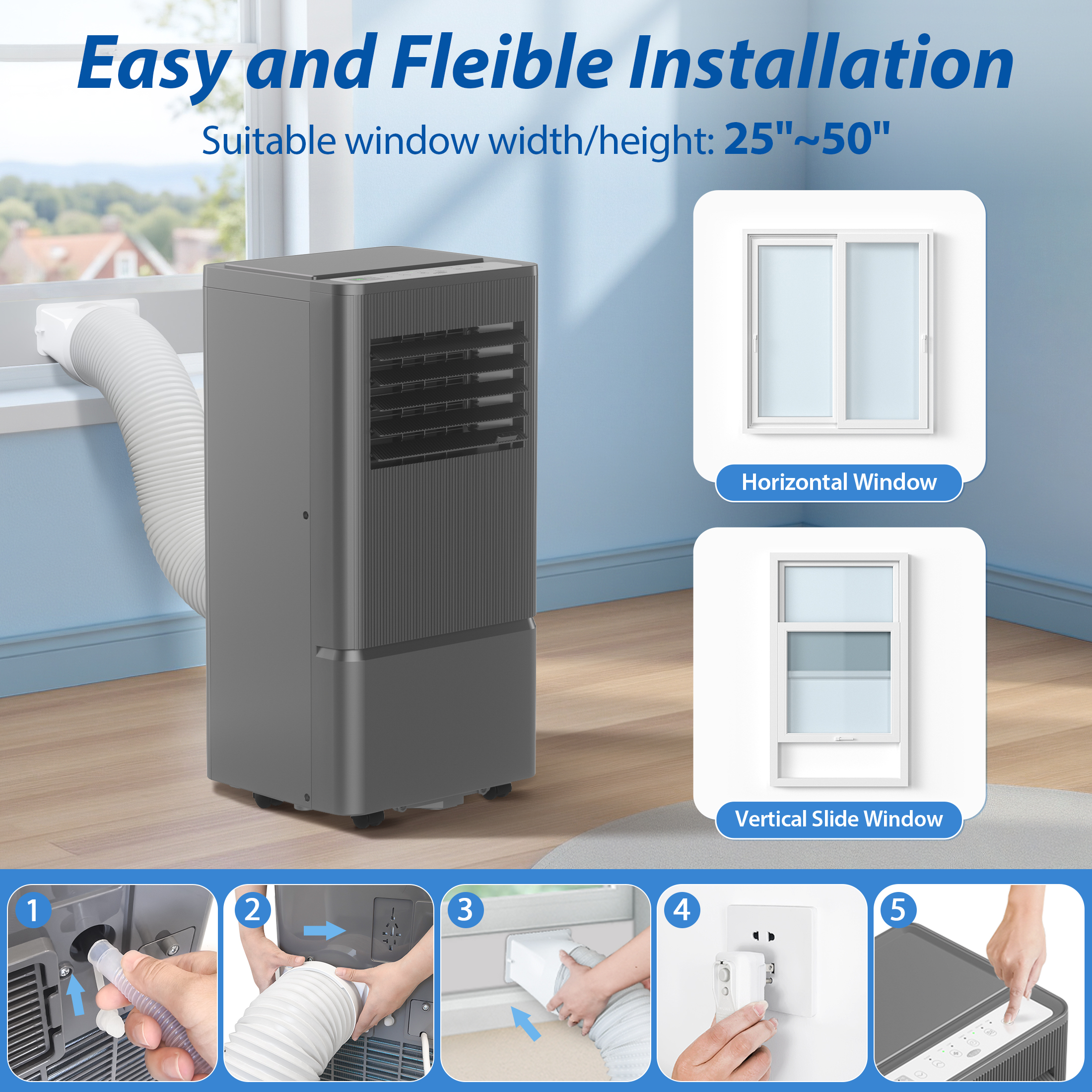 Portable Air Conditioner 10,000 BTU (ASHRAE) for Room Up to 450 Sq.Ft - 3-in-1 AC, Dehumidifier & Fan - Remote, 24H Timer, Window Kit - Home & Office