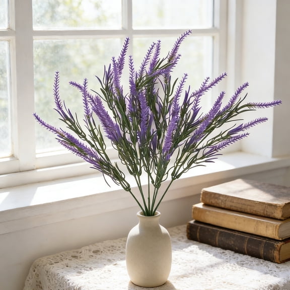 7-Head Artificial Lavender Bouquet - Fake Purple Plastic Flowers for Home, Wedding & Farmhouse Table Decor, No Maintenance