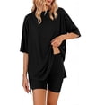 thumbnail image 6 of fheaev Two Piece Sets for Women Crew Neck Short Sleeve Top Drawstring Shorts with Pocket Loose Fit 2 Piece Sleepwear L Black, 6 of 7
