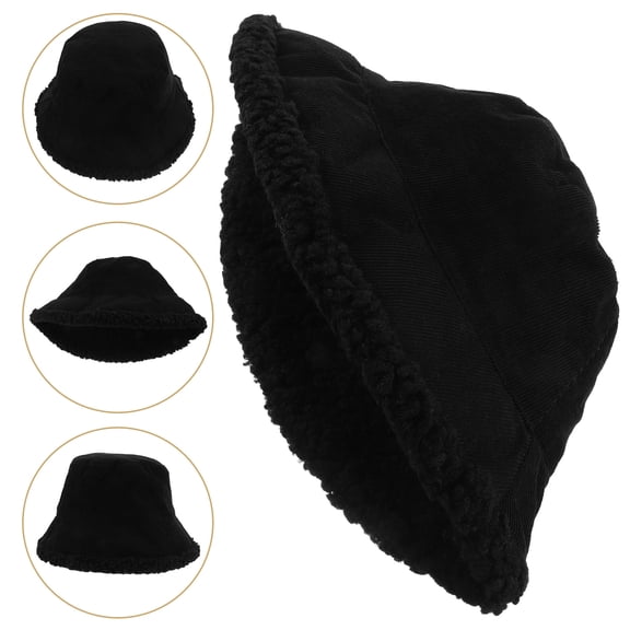 LULULION Black Winter Bucket Hat with Warm Plush Lambswool for Unisex Outdoor Fashion