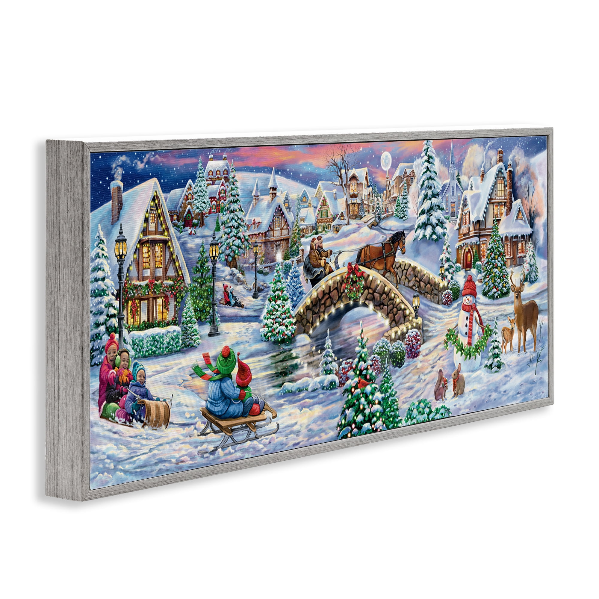 Stupell Industries Snowy Winter Townscape Holiday Painting Gray Framed Art Prints Wall Art, 30 x 13