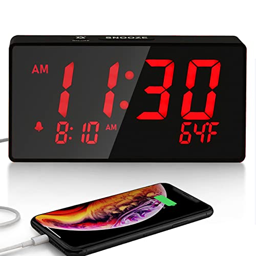 BOCTOP Desk Digital Alarm Clock, Large Numbers Red 6" LED Display, with