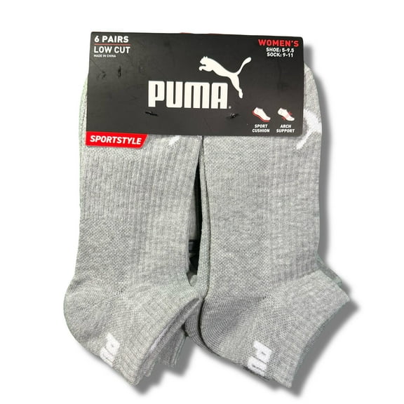 PUMA SOCKS WOMEN'S - LOW CUT - GRID 253 - GREY - SHOE SZ 5-9.5 -PACK 6
