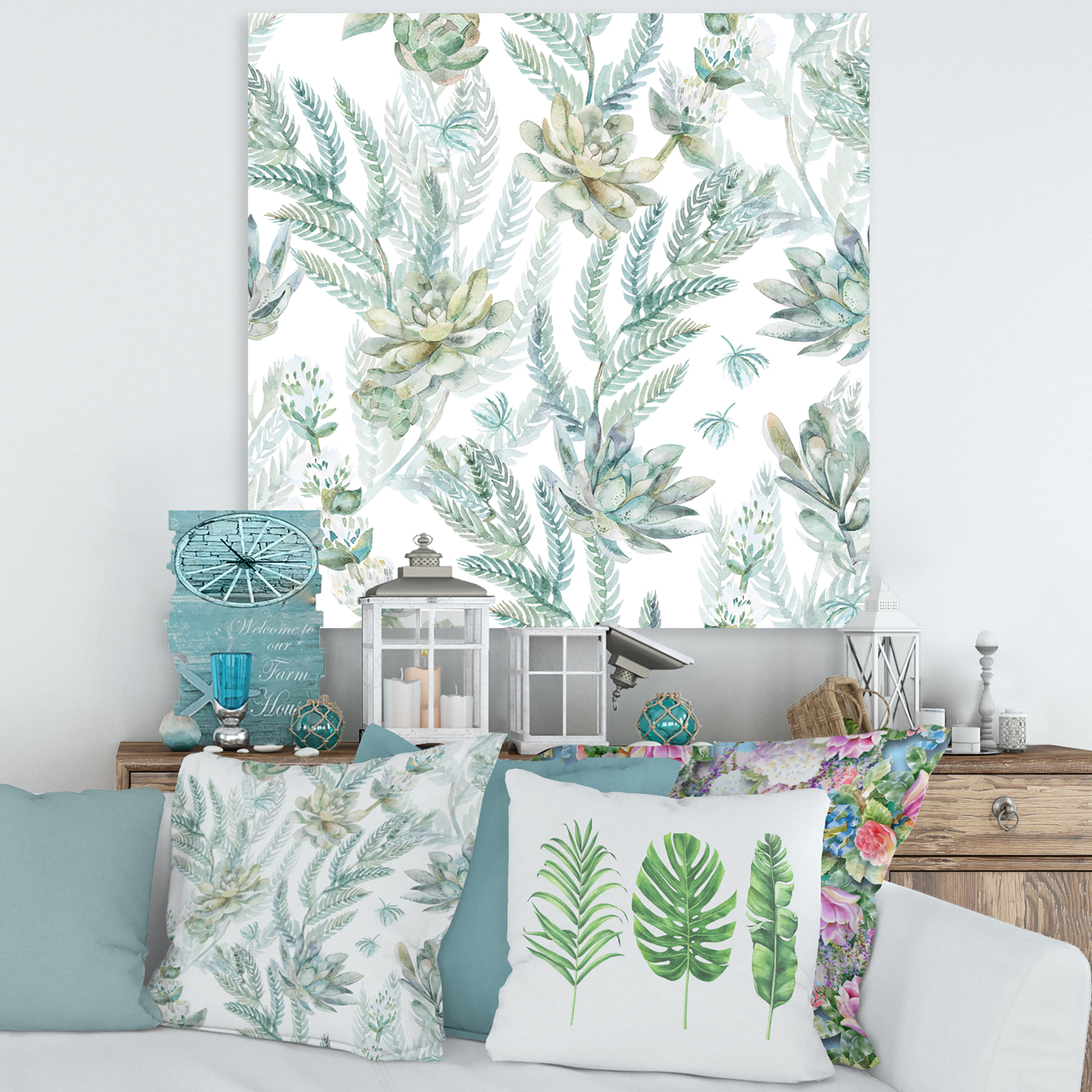 Designart ' Floral Seamless Pattern Succulents and Ferns Thorns ' Farmhouse Canvas Wall Art Print