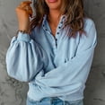 thumbnail image 4 of Blusa de mujer de manga larga con cuello vuelto y botones, blusa de corte informal para mujer a la moda, azul claro L, 4 of 7