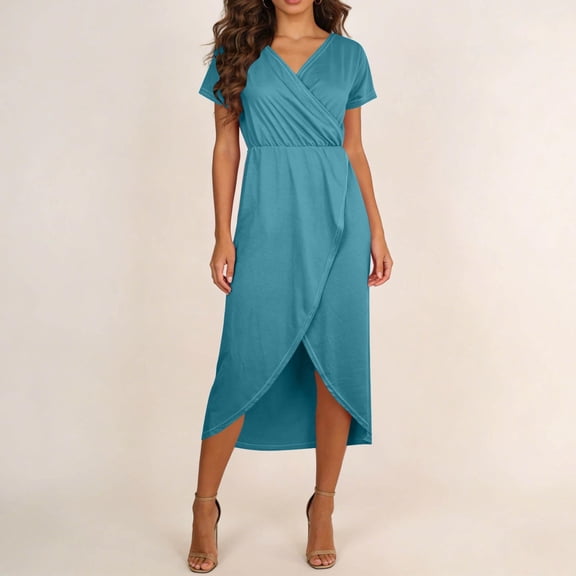 Dress for Women Wrap V-Neck Short Sleeve Maxi with High Slit Multiple Colors Dresses Light Blue L