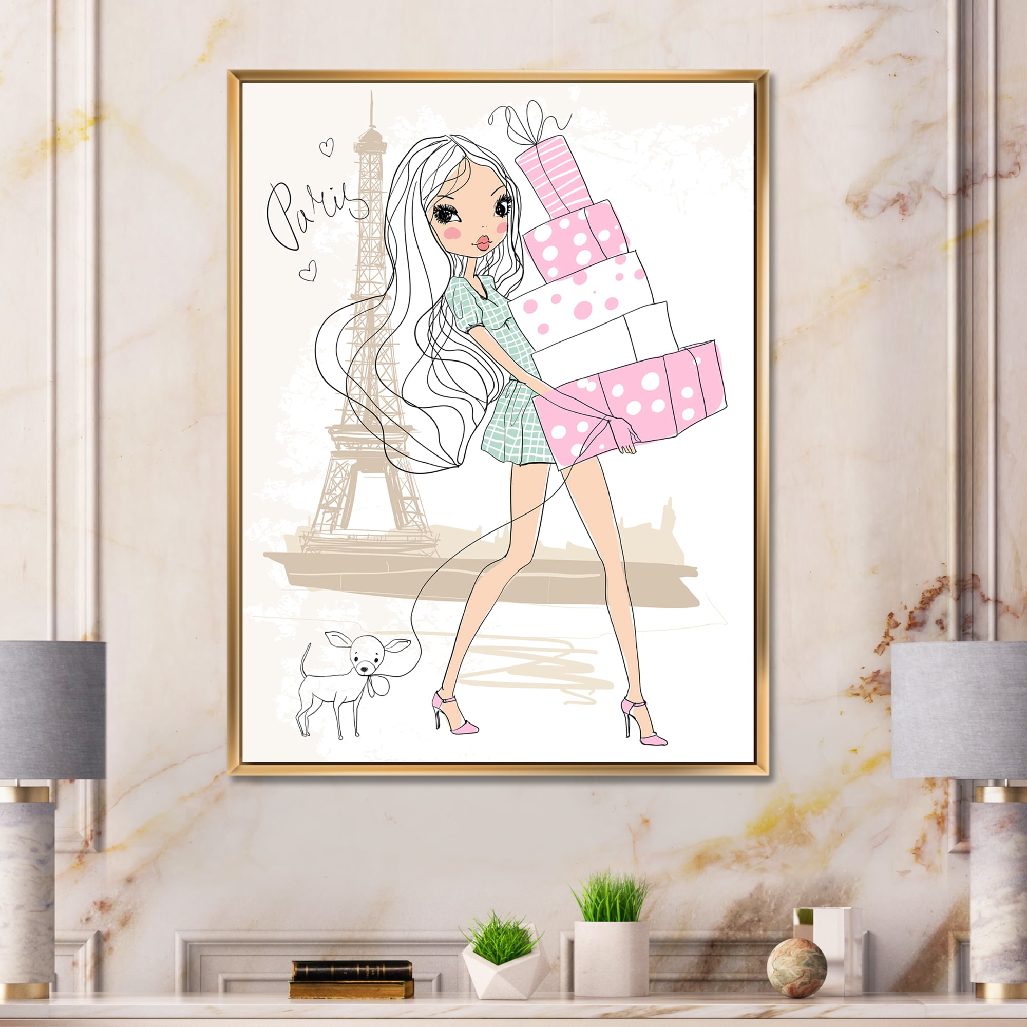 Designart 'Young Woman With Shopping Boxes In Paris' Shabby Chic Framed Canvas Wall Art Print