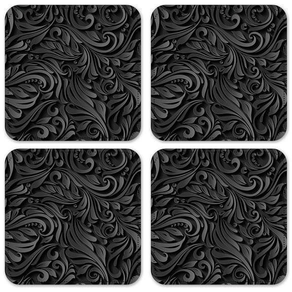 Vinyl Drink Coasters - Set of 4 - Black Floral