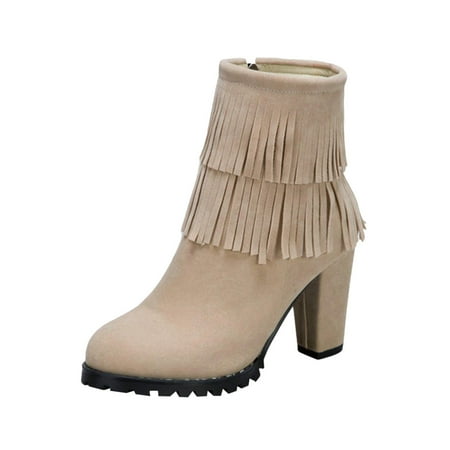 

GWAABD Booties for Women Ankle Boots Autumn and Winter Fashion Tassel Vintage Solid Color Comfortable Round toe Square Heel Thick Heel