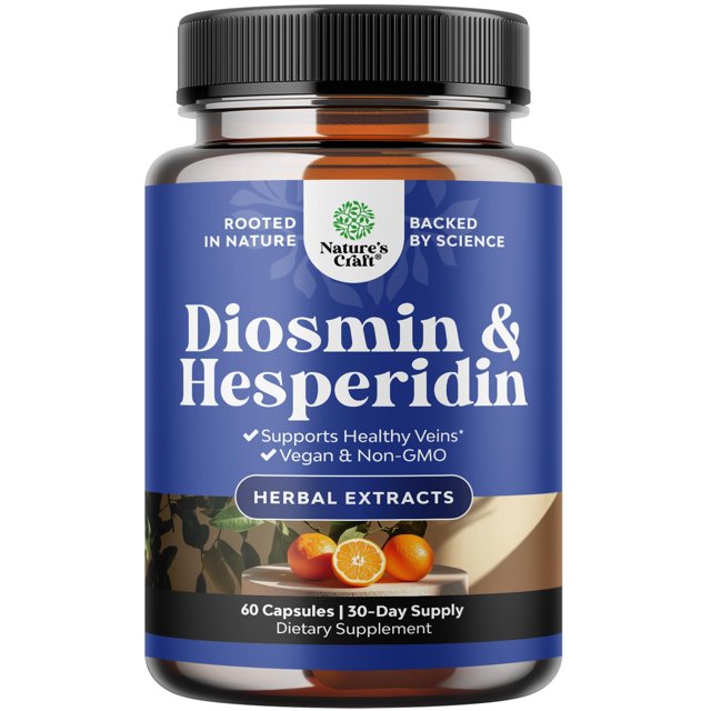 suplemento del complejo natures craft de diosmina y hesperidina de 1000 mg etiqueta frontal centrada, frasco ámbar con tapa negra, texto grande "Diosmin & Hesperidin", sello "Herbal Extracts", leyenda "60 Capsules | 30-Day Supply" y gráfico de naranjas en la base; diseño azul que destaca ingredientes cítricos y referencias a salud venosa en la etiqueta.