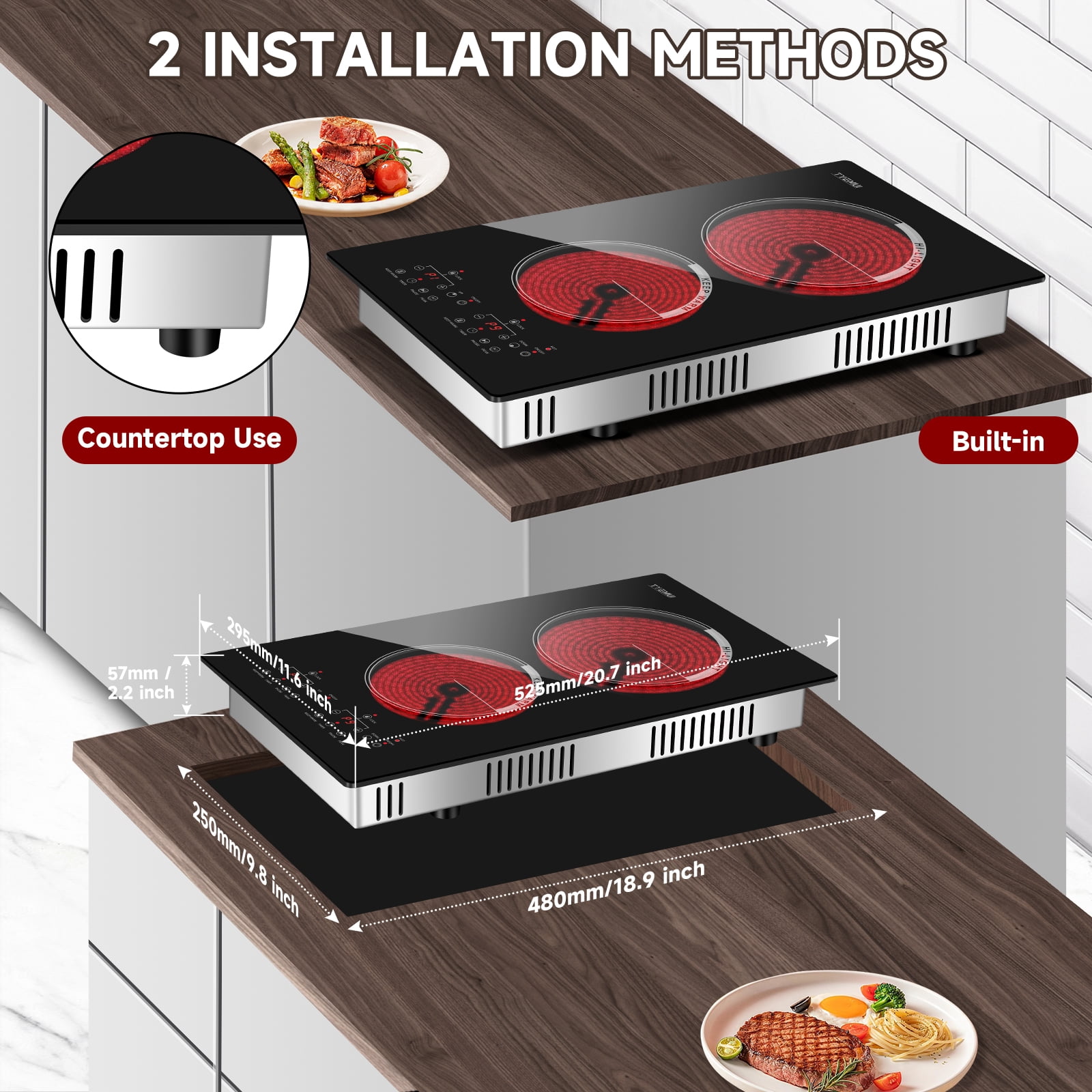 TYEMUI 12 inch Electric Cooktop, 2 Burners Ceramic Stove Top with Plug, Timer, Booster, Keep Warm, Child Lock, Pause,Kitchen Hot Plates With Two Burners