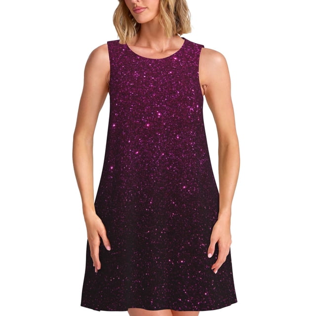 Easygdp Dark Purple Glitter para Vestido Transpirable de Mujer, Vestido Suelto de Manga Corta con Pliegues y Bolsillos para el Verano