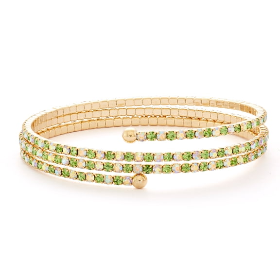 X & O 14KT Gold Plated Crystal Three Row Flex Bangle in Peridot and Crystal AB Combination