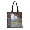 thumbnail image 1 of JSDART Sac en Toile Réutilisable Sac de Courses Brun Vue du Côté de la Montagne depuis Cabane en Rondins Porche avant, 1 of 1