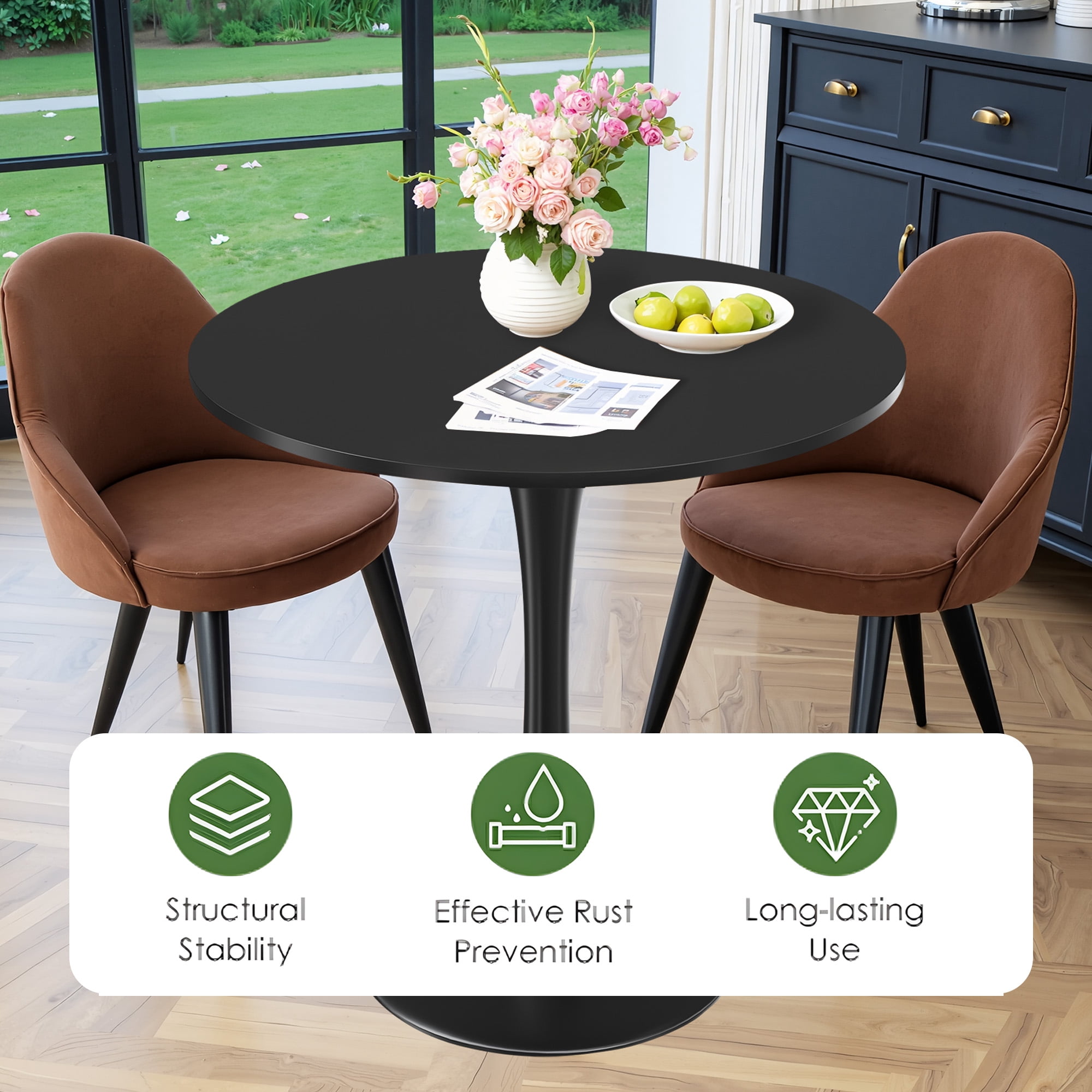 MAYEERTY 31.5" Black Small Round Dining Tulip Table, Wood Top, Metal Base, Functional for 2-4 Gatherings
