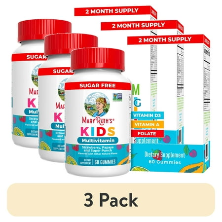 (3 pack) MaryRuth's Kids Multivitamin Gummies, Strawberry, Papaya, and Super Punch, 60 Count, Gluten Free, Vegan