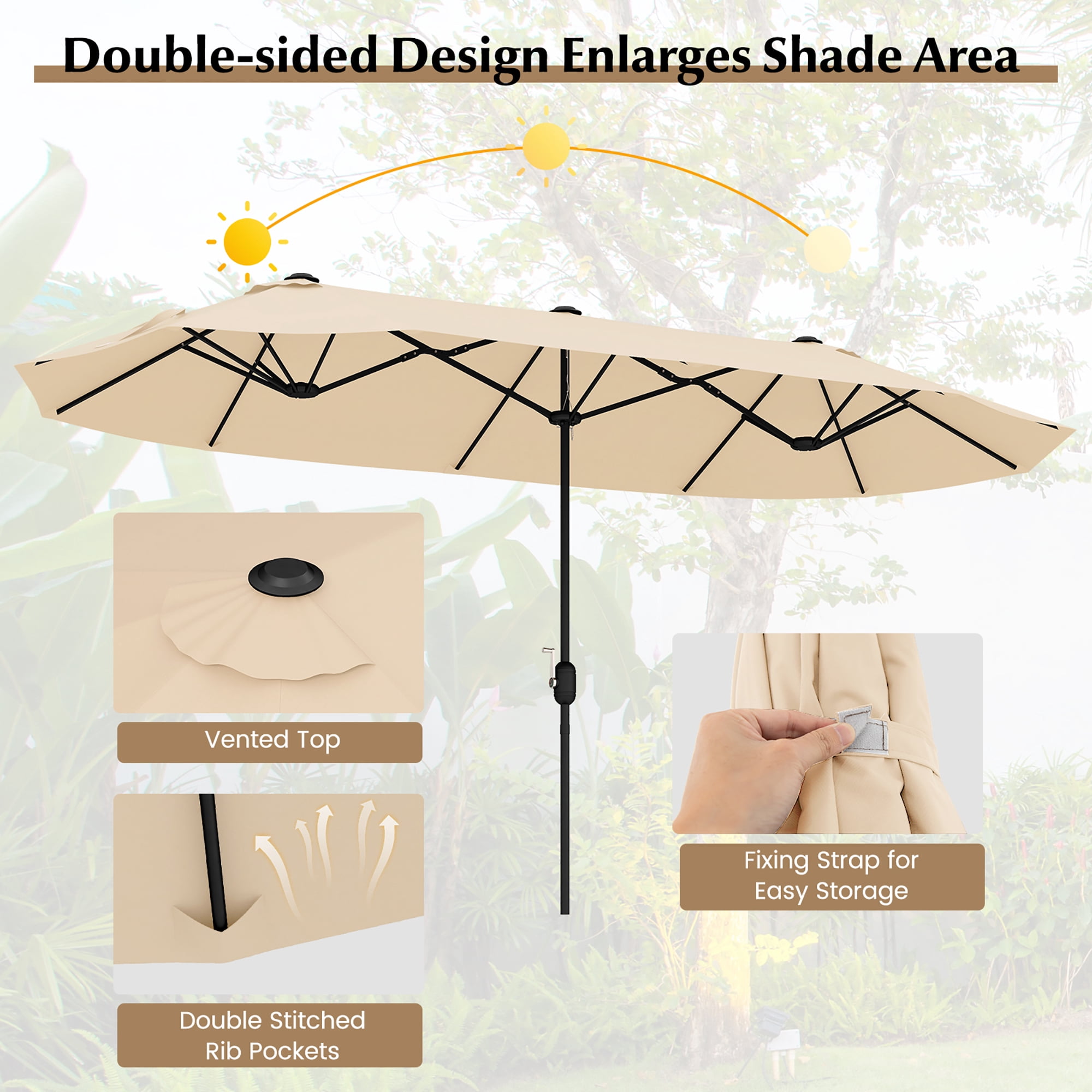 Gymax 13FT Double-sided Patio Umbrella w/ Crank Handle Umbrella Base Safety Lock Beige