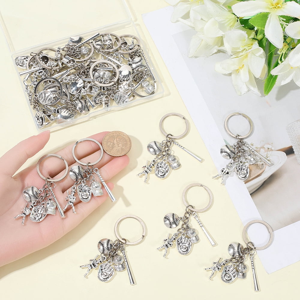 20Pcs Alloy Baseball Player & Baseball Bat & Hat Keychains with Iron Split Key Rings Silver 80mm