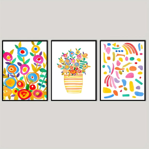 3pcs Colorful Flower Watercolor Prints Abstract Art Modern Geometric Poster for Playroom Bedroom Decor Colorful Wall Art Canvas Artwrok Unframed, 2D Flat, Perfect for Room Decor