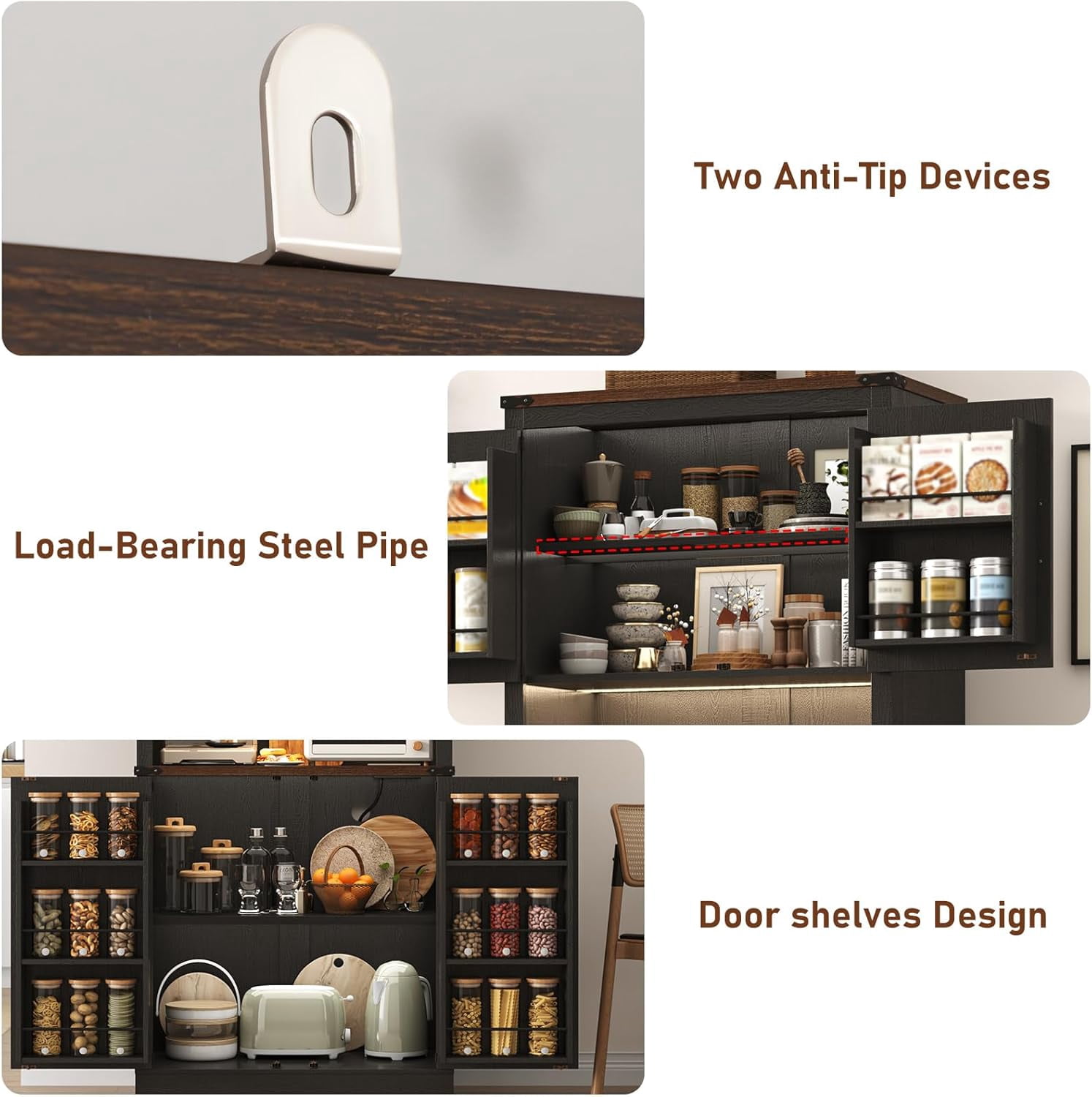72" Tall Farmhouse Kitchen Pantry Cabinet with 10 Side Shelves and LED Light & Power Outlet, 5 Layers Pantry Storage Cabinet with Barn Doors&Load-Bearing Steel Pipe for Dining Room,Living Room