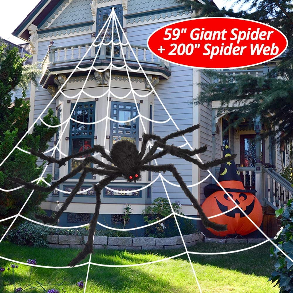 Halloween Decorations 200'' Triangular Spider Web+47'' Giant Fake Spiders+100g Stretch Cobweb with 20 Small Spiders for Outdoor Halloween Decor Clearance Yard Home Costumes Party Haunted House