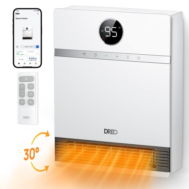 calentador de pared dreo smart ip24 eléctrico ptc oscilación 30° blanco Wonderland. Vista frontal del calentador con pantalla digital circular que muestra 95°F, fila de botones táctiles en el panel superior y rejilla inferior expulsando aire caliente ilustrado; control remoto y captura de la app Dreo a la izquierda; ideal para calentar dormitorios u oficinas pequeñas.