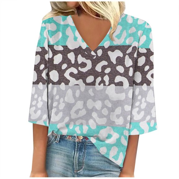 IROINNID Discount Women's Long Sleeve V-Neck Shirts Casual Printed Loose T-shirt 3/4 Sleeves Blouse V-Neck Tops,Gray