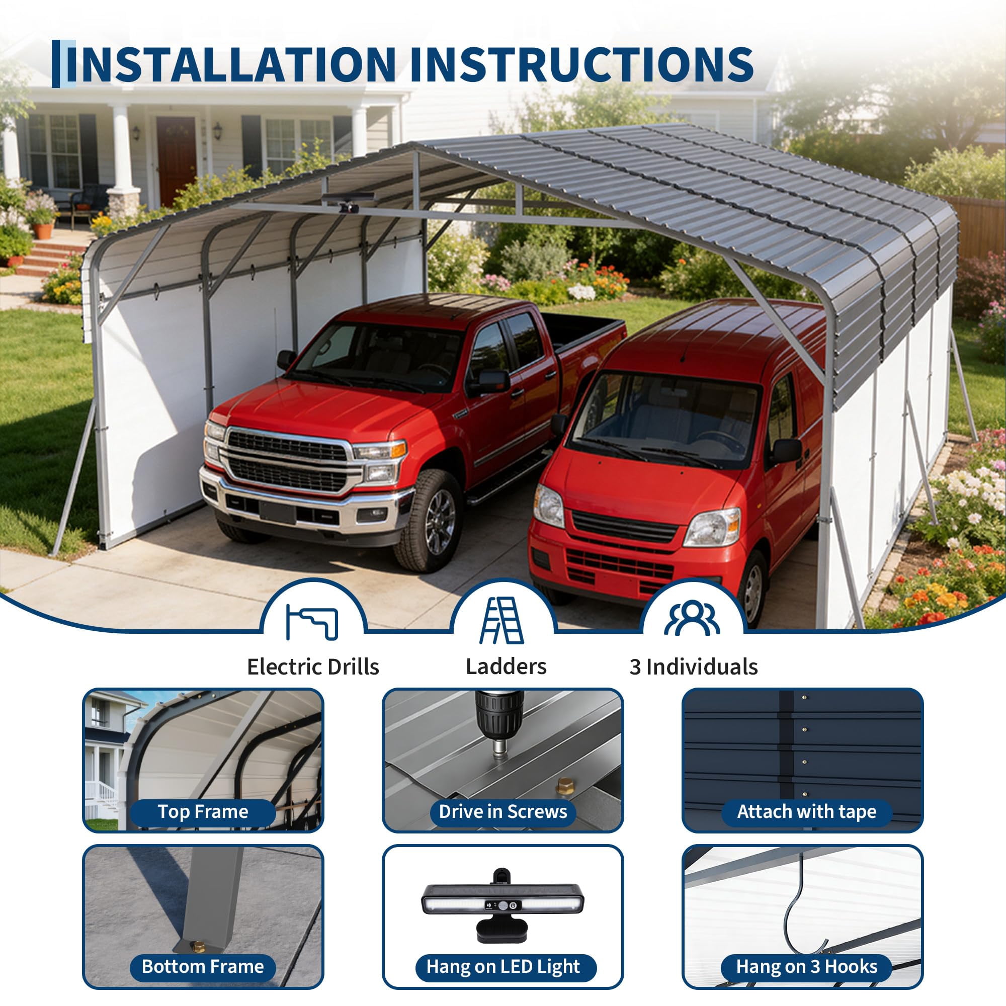 20x20FT Metal Carport w/Led Light,Outdoor Portable Car Garage,Removable PE Sidewalls,Reinforced Base & Galvanized Steel Roof, Outdoor Car Port Canopy Shelter for Boats, Full-Sized Pickup Trucks
