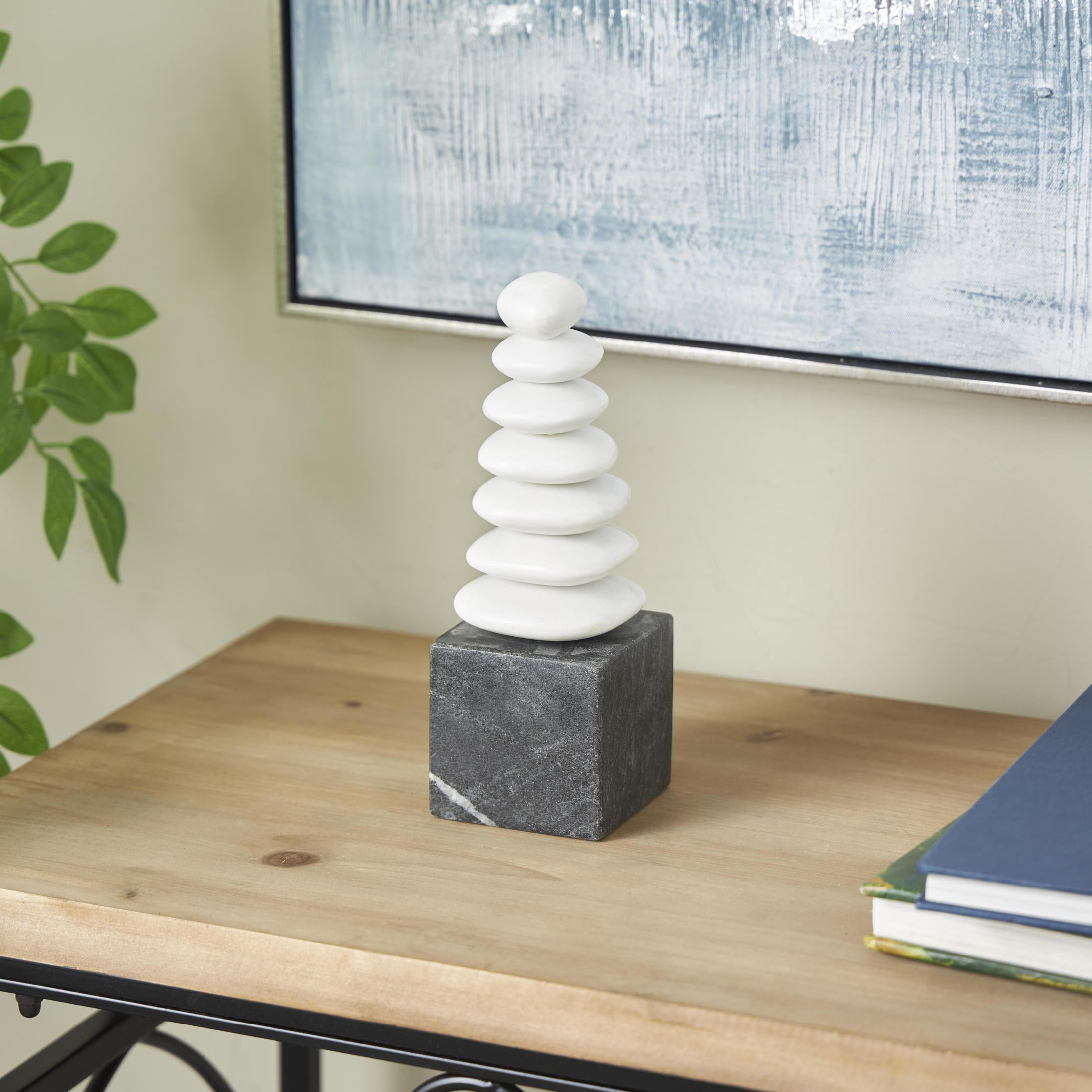 3" x 9" White Marble Stacked Stone Abstract Sculpture with Black Block Base, by DecMode