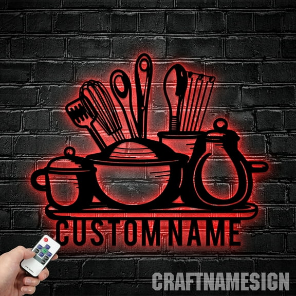 Craftnamesign Custom Kitchen Chef Metal Wall Art LED Light, Custom Kitchen Name Sign Home Decor