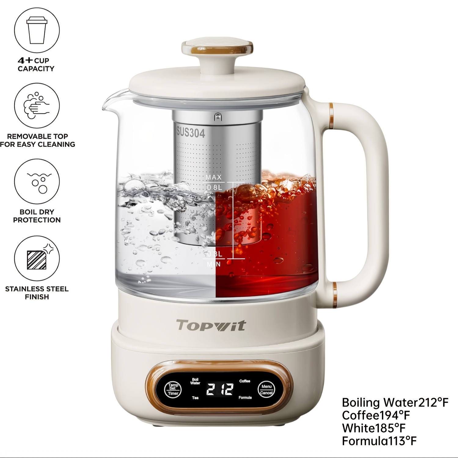 Electric Glass Kettle with Removable Infuser | 0.8L 8-in-1 Programmable Brewer | 11 Temp & 4 Preset Modes
