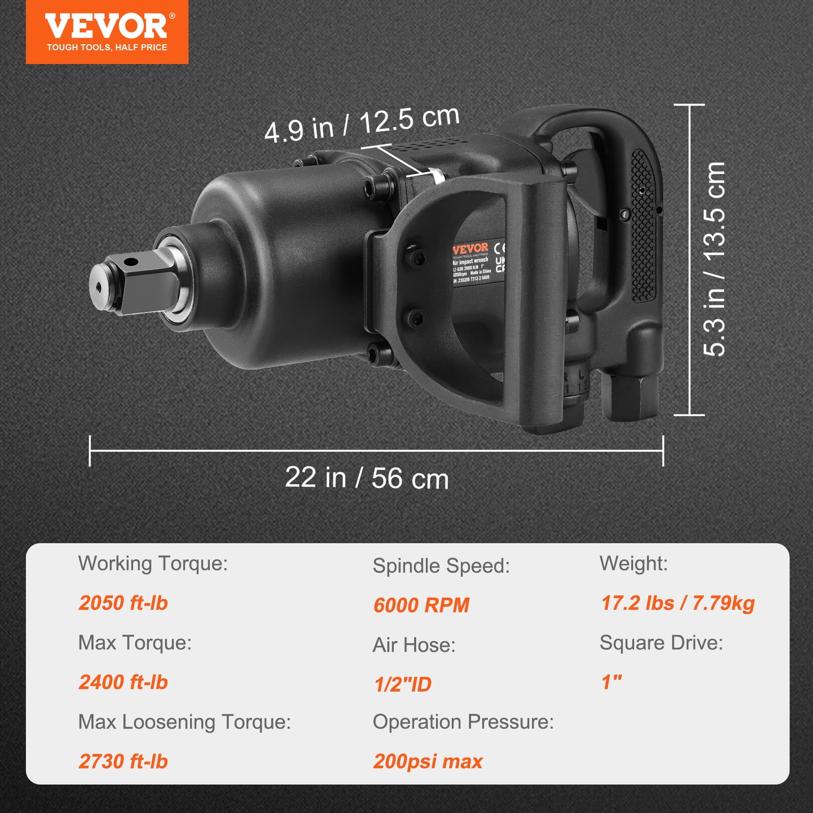 VEVOR 1 Inch Air Impact Wrench, Up to 2730 ft-lbs Reverse Torque Output 1" Pneumatic Impact Gun Lightweight w/ 2 Handles for Heavy Duty Repairs&nbsp;and&nbsp;Maintenance