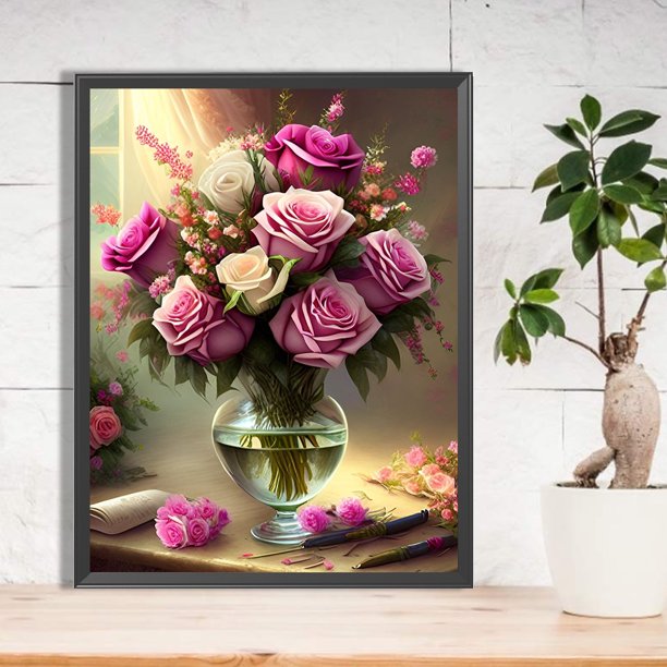 Cuadros Decorativos Diamante pintura 5D DIY completo redondo taladro Rosa flor Kit decoración del hogar arte DQrwqpou embutido en tela