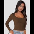 thumbnail image 4 of Top Corto de Larga para Mujer, Cuello Cuadrado, para Salir, Top de Punto Acanalado con Lazo y Encaje de Patchwork. Café L, 4 of 8