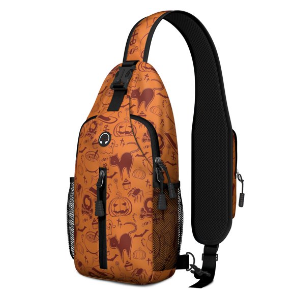 Sling Backpack,Halloween Spooky Icons Pattern Crossbody Bag with Water Bottle Holder,Waterproof Sling Bag for Men/Women with Chest Phone Holder for Hiking,Travel