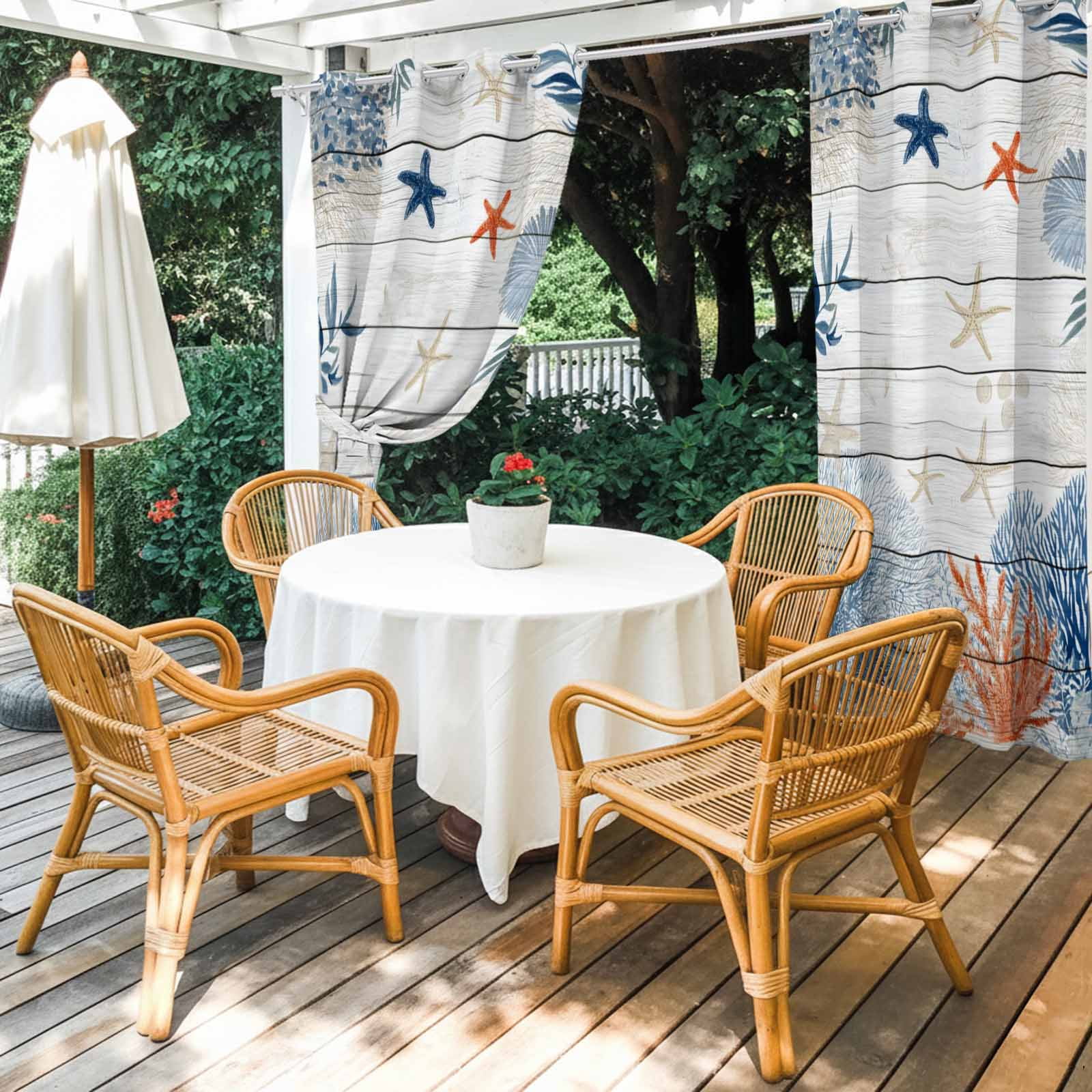 Ocean Corals Outdoor Curtains for Patio, Summer Beach Coral Sea Stars Wood Grain Sunshade Privacy Drapes Grommet Waterproof Outside Curtains for Porch/Cabana/Balcony 54"x 108", 1 Panel