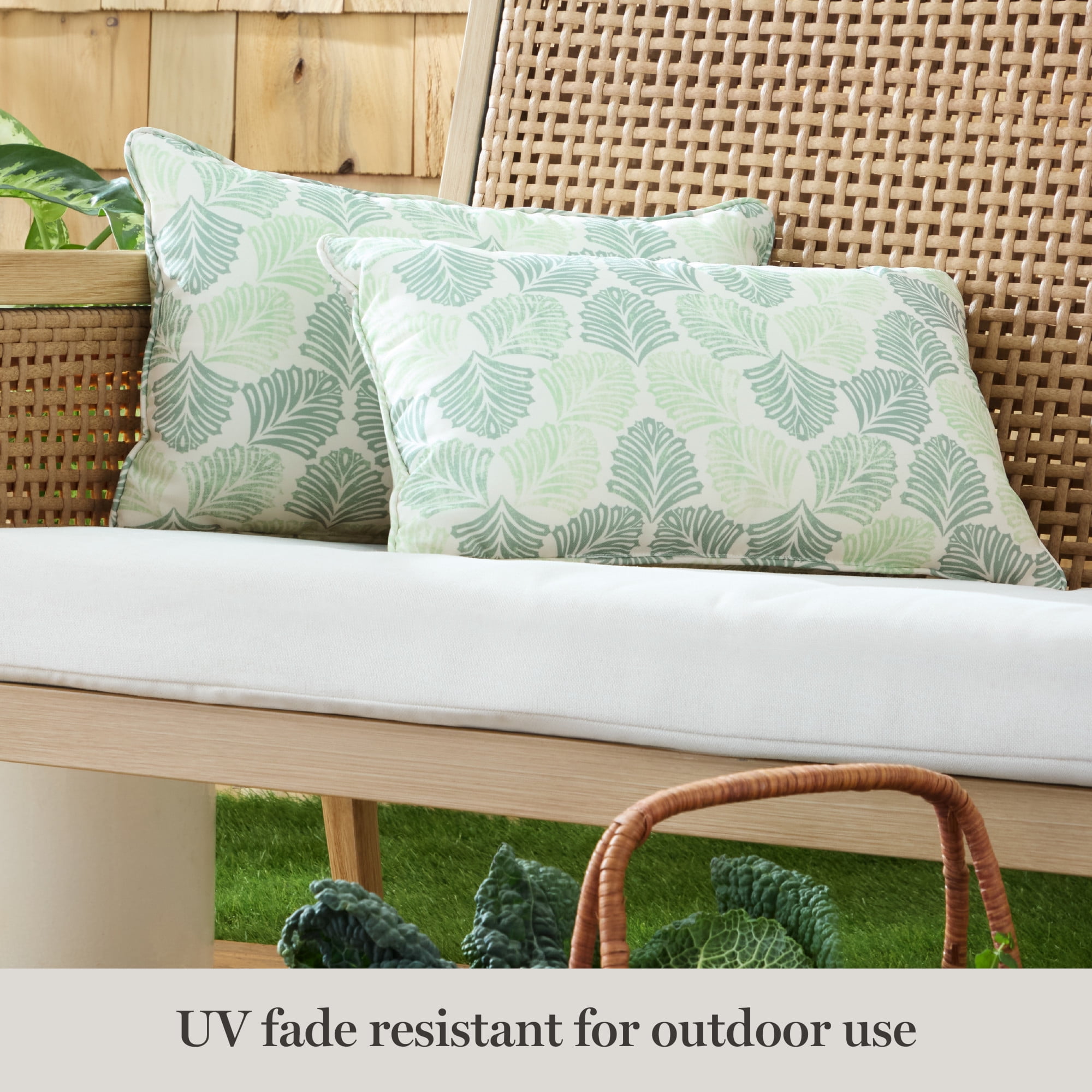 MARTHA STEWART Modern Banana Leaves Indoor Outdoor Decorative Lumbar Pillow 2-Pack Set, UV Fade Resistant, Water Repellent, Printed Tropical Design, Green, 11"x18"