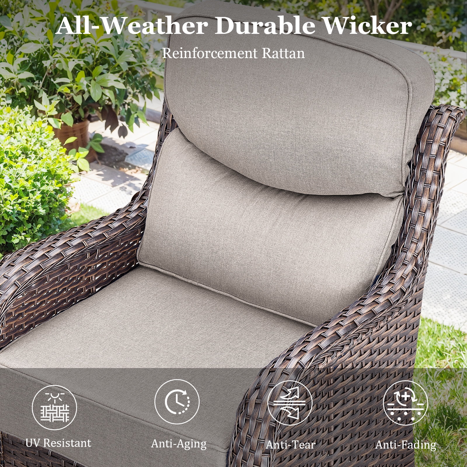 Gymojoy Patio Furniture Sets with Fire Pit Table, 8 Pieces Outdoor Patio Sofa Set with Fire Pit Table, Wicker Rattan Outdoor Conversation Set with Ottoman for Poolside, Backyard