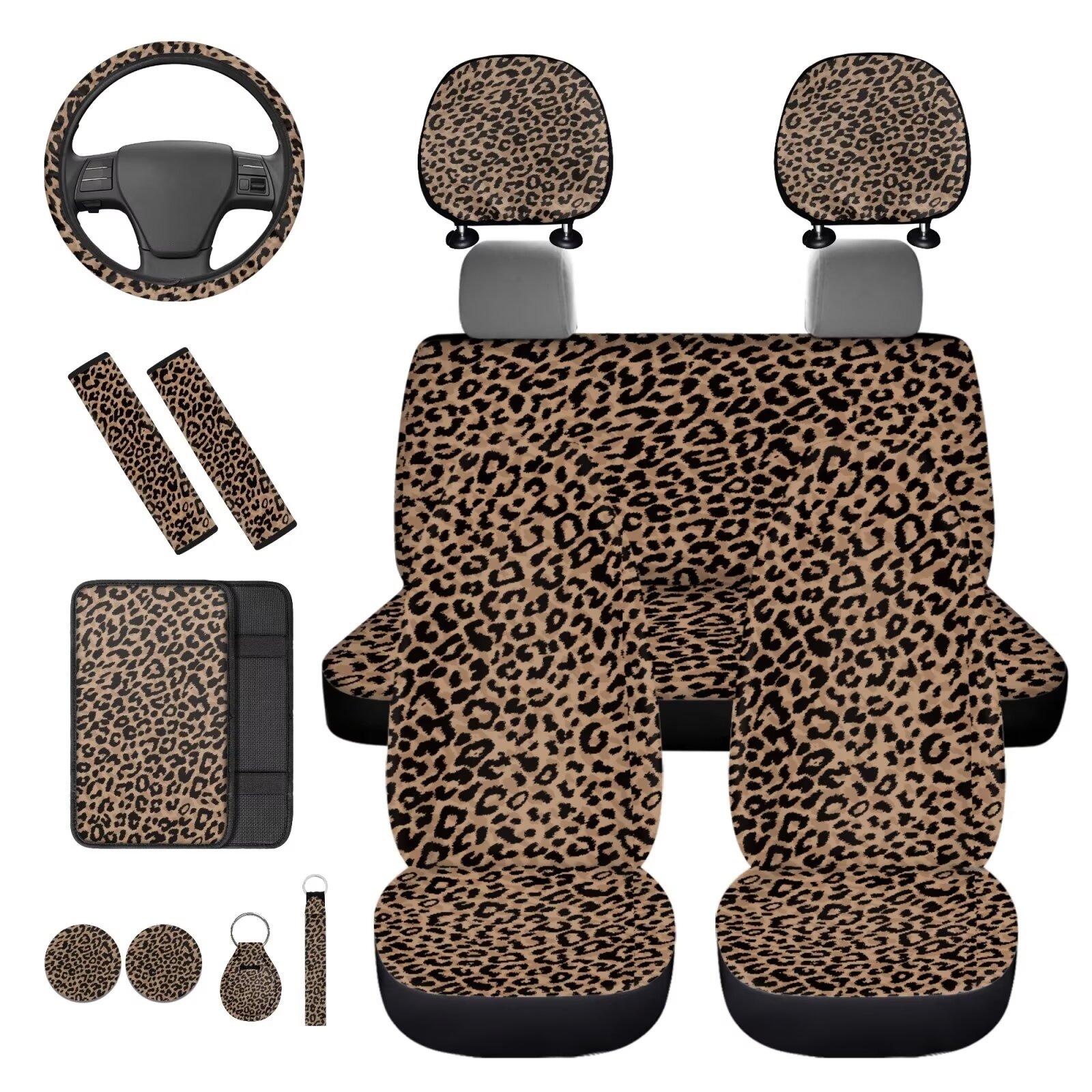 Binienty Leopard Print Auto Seat Covers Full Set 14 Pieces Car Accessories For Women Interior Cheetah Print Car Seat Covers With Steering Wheel Cover High Back Vehicle Bucket Cushion Protection