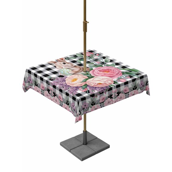 Easter Bunny Roses Outdoor Tablecloth - 54x54 Inch Square Dining Table Cover, Pink Floral Spring Black Buffalo Plaid Waterproof Outdoor Table Cloth with Umbrella Hole & Zipper for Picnic/Patio/Party