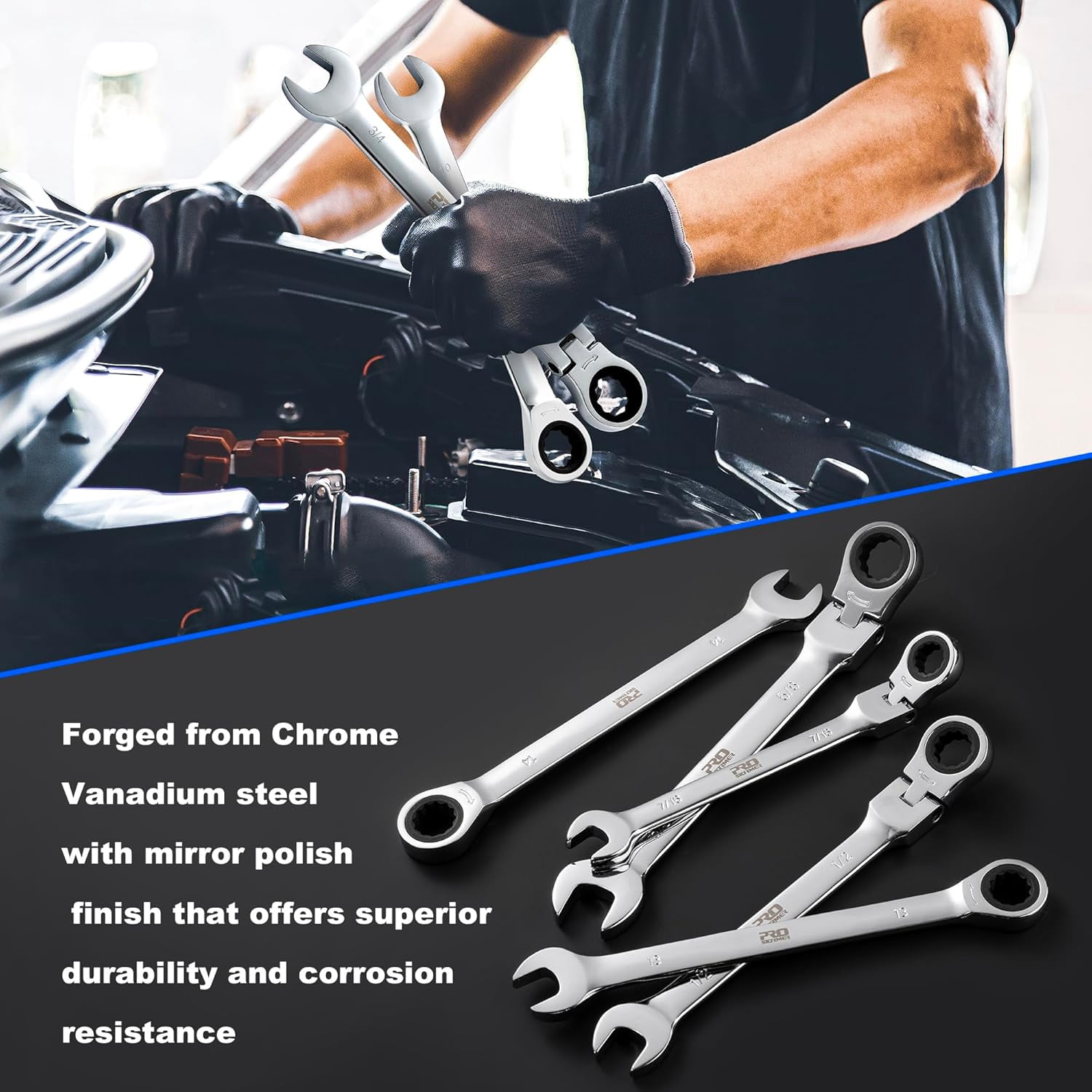 Ratcheting Combination Wrench Set, 20-Piece SAE & Metric Wrench Kit with Pouch, 72-Tooth, Cr-V Steel, 10Pcs Flex-Head 1/4" to 3/4" & 10Pcs Fixed Head 6-18mm